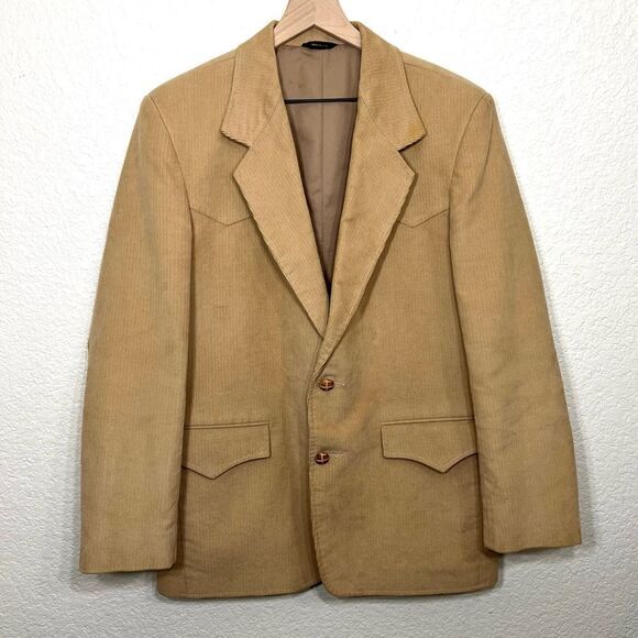 Pioneer Wear Men’s Vintage 70’s Corduroy Jacket Sport Coat Tan Leather Elbow